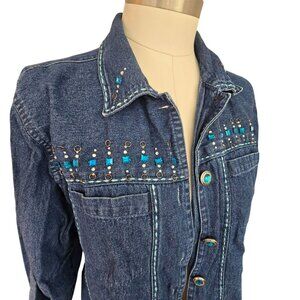 Keren Hart Womens Beaded Denim Jacket XL Blue Button-Up Long Sleeve JJJ4232